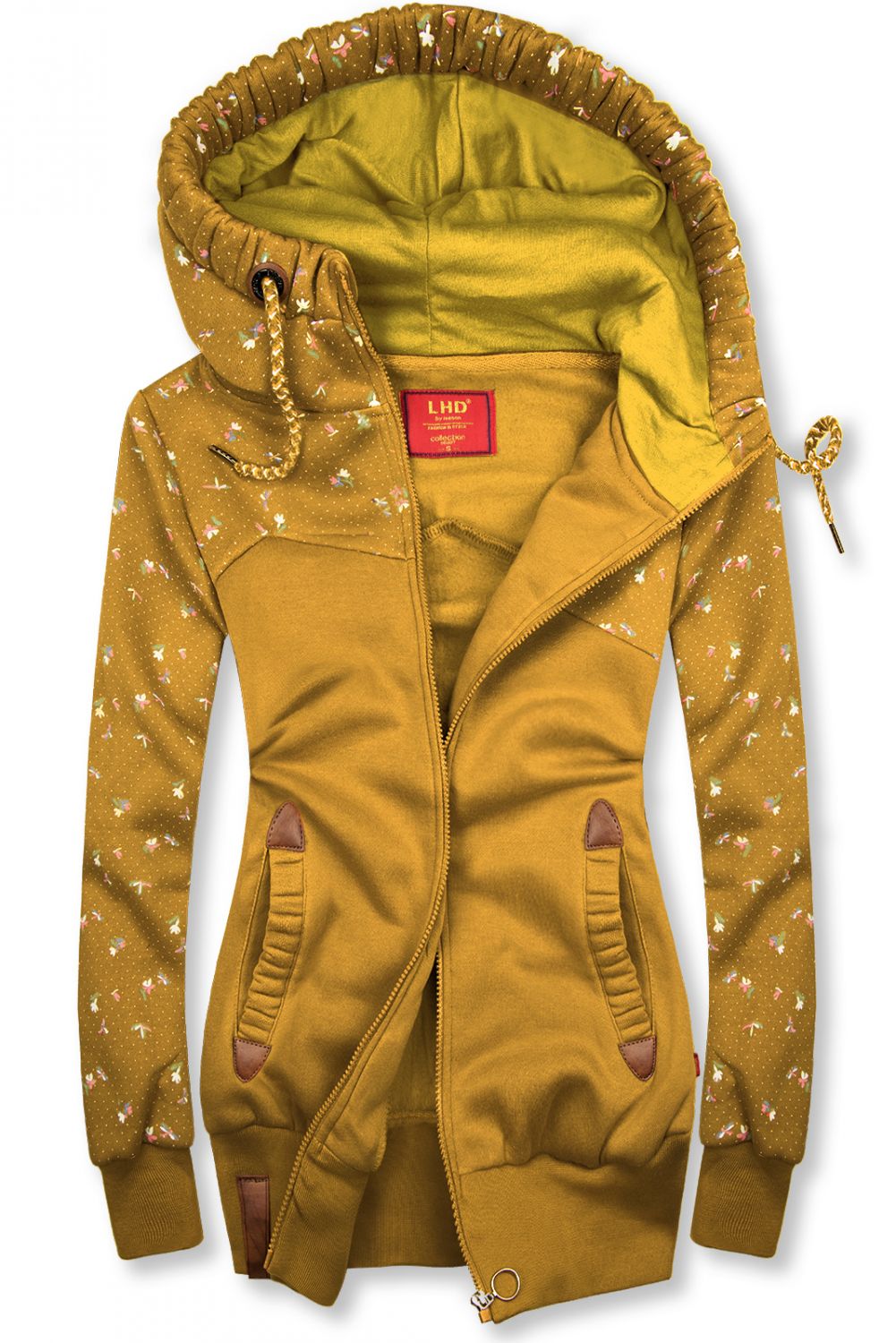 Felpa giallo senape con fantasia floreale