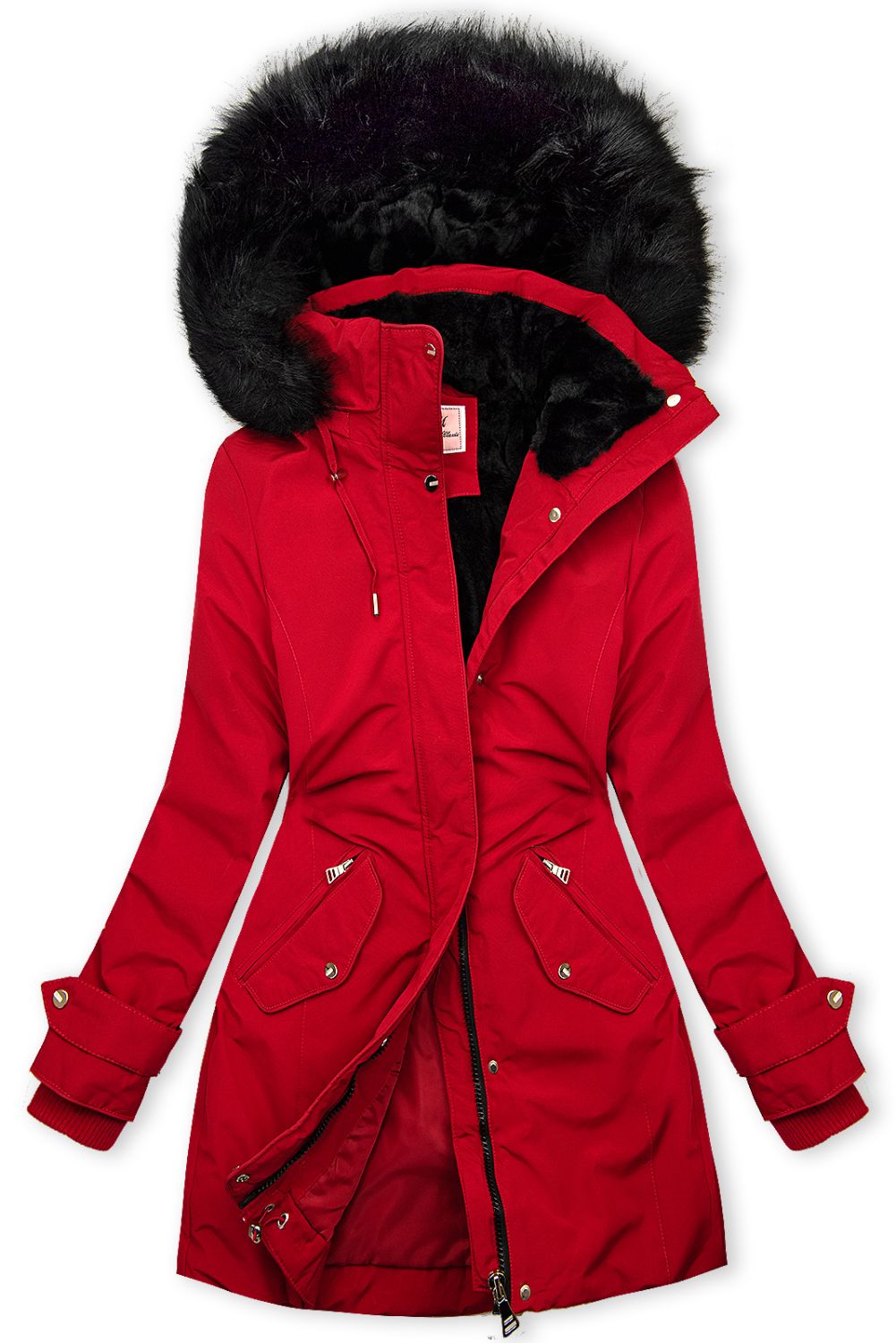 Parka esteso con pelliccia rosso/nero