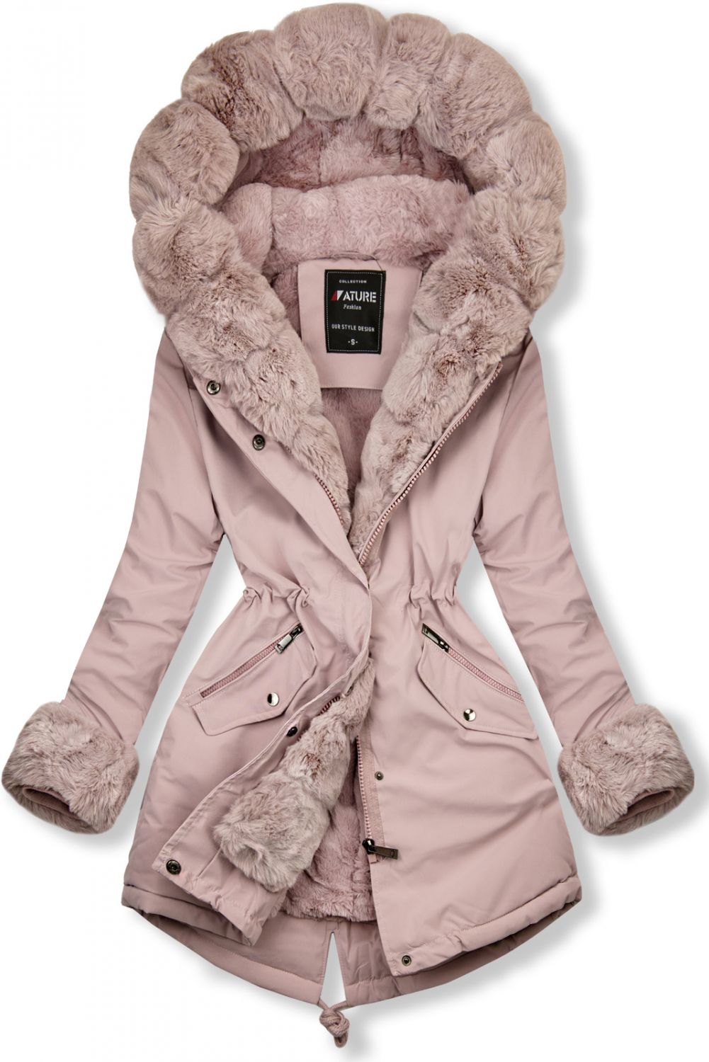 Parka rosa chiaro con bordo in pelliccia rimovibile
