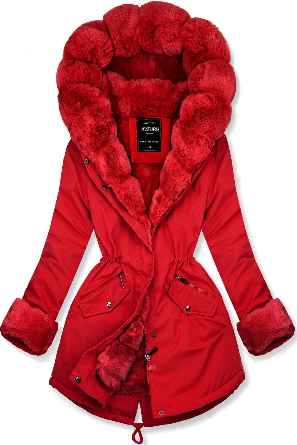 Parka rossa con bordo in pelliccia rimovibile