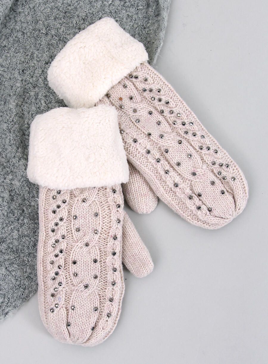 Guanti-muffole da donna decorati di colore beige chiaro