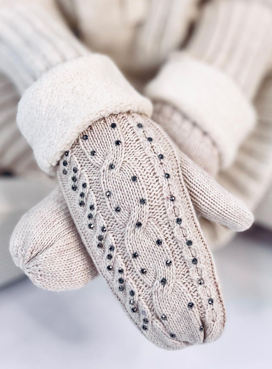 Guanti-muffole da donna decorati di colore beige chiaro