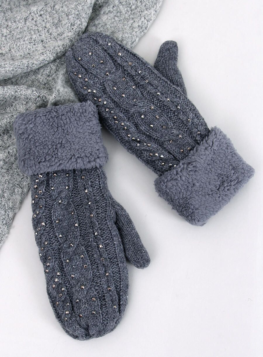 Guanti-muffole da donna decorati di colore grigio scuro
