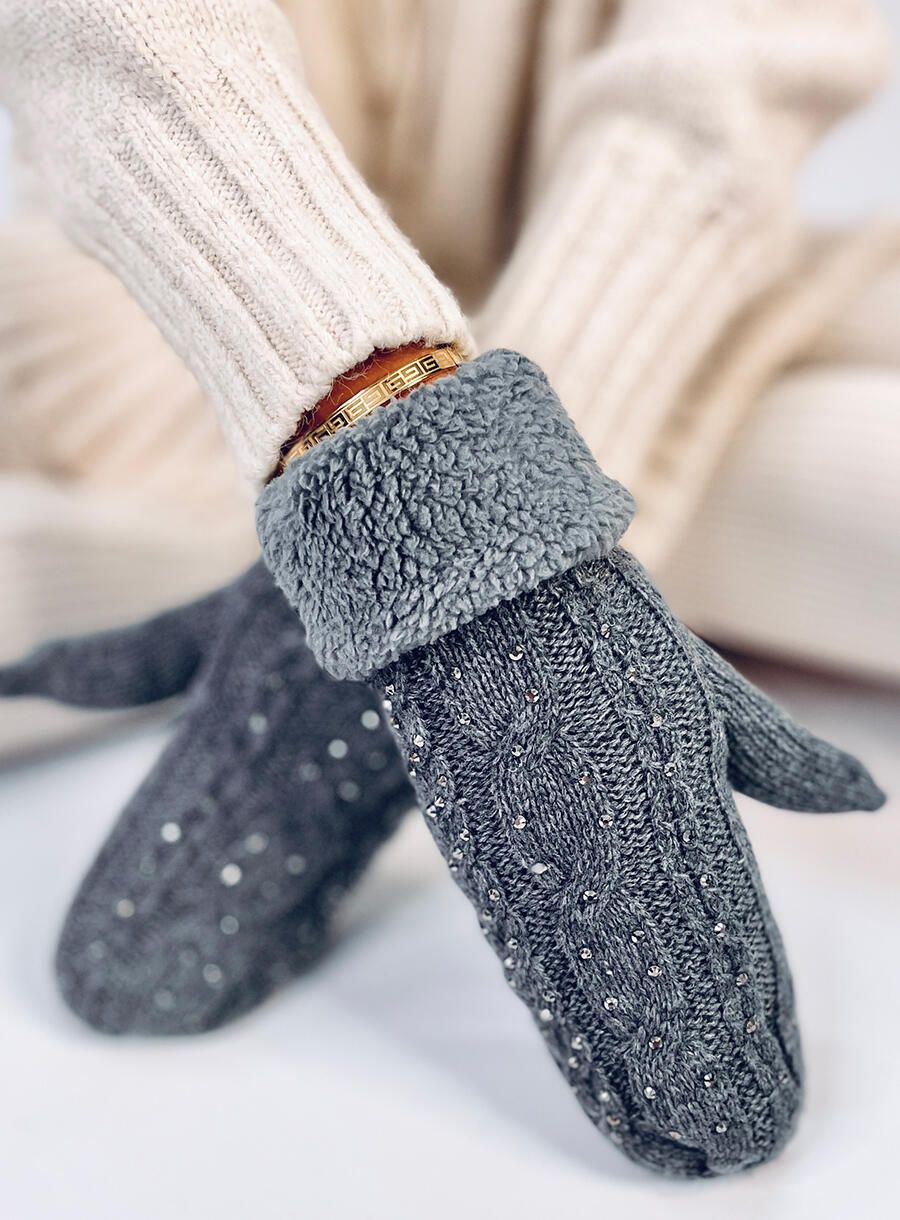 Guanti-muffole da donna decorati di colore grigio scuro