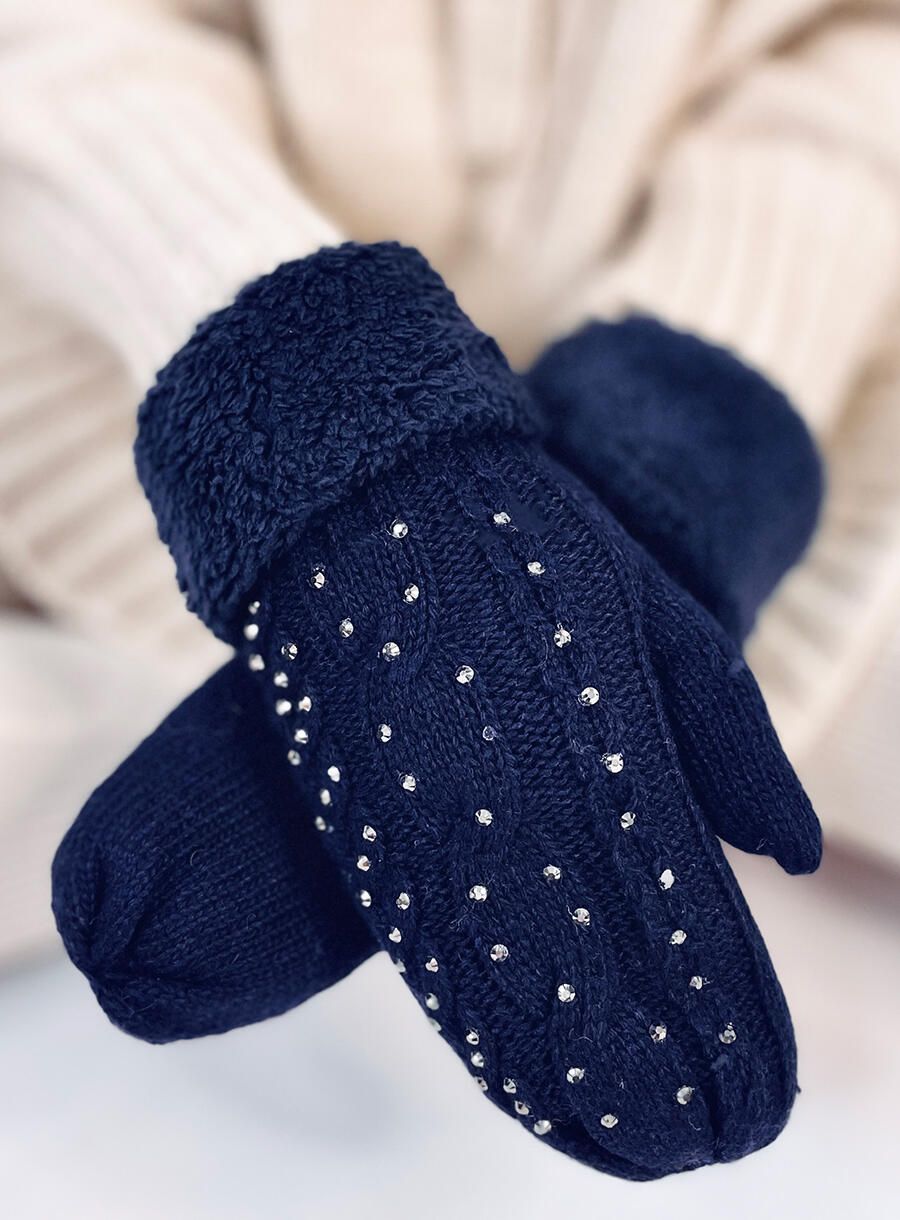 Guanti-muffole da donna decorati di colore blu scuro