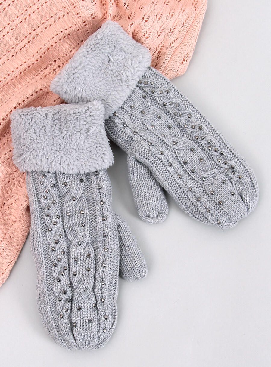 Guanti-muffole da donna decorati di colore grigio chiaro