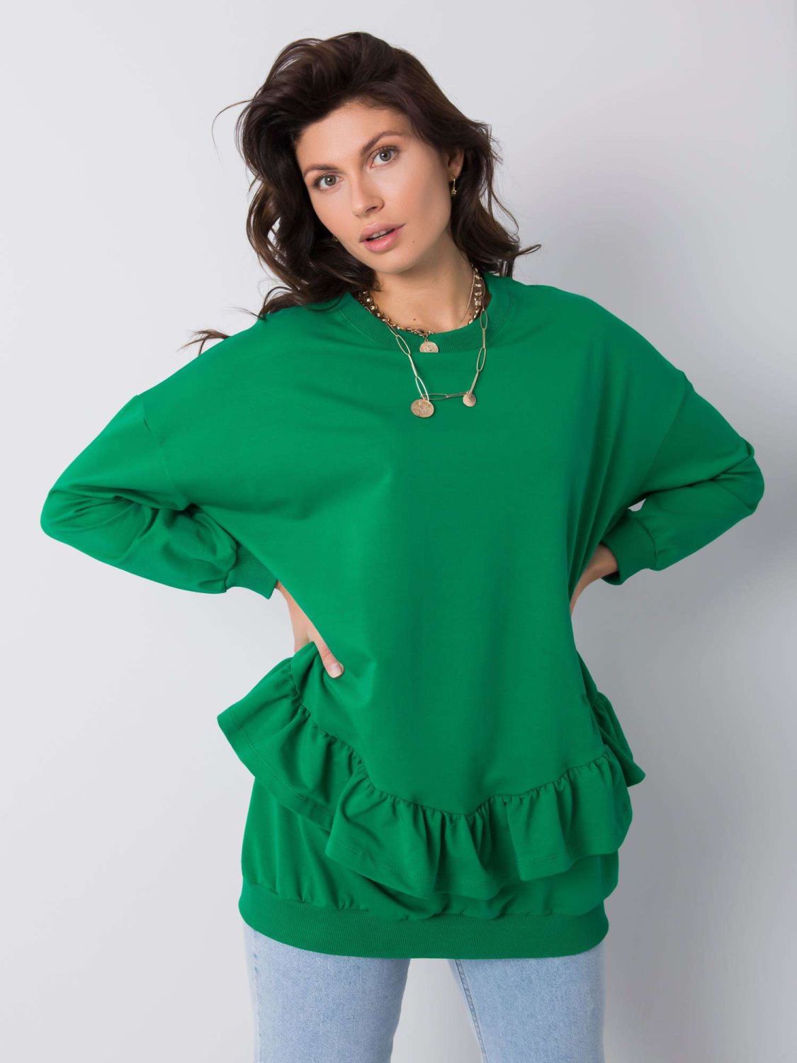 Maglione verde in cotone con volant