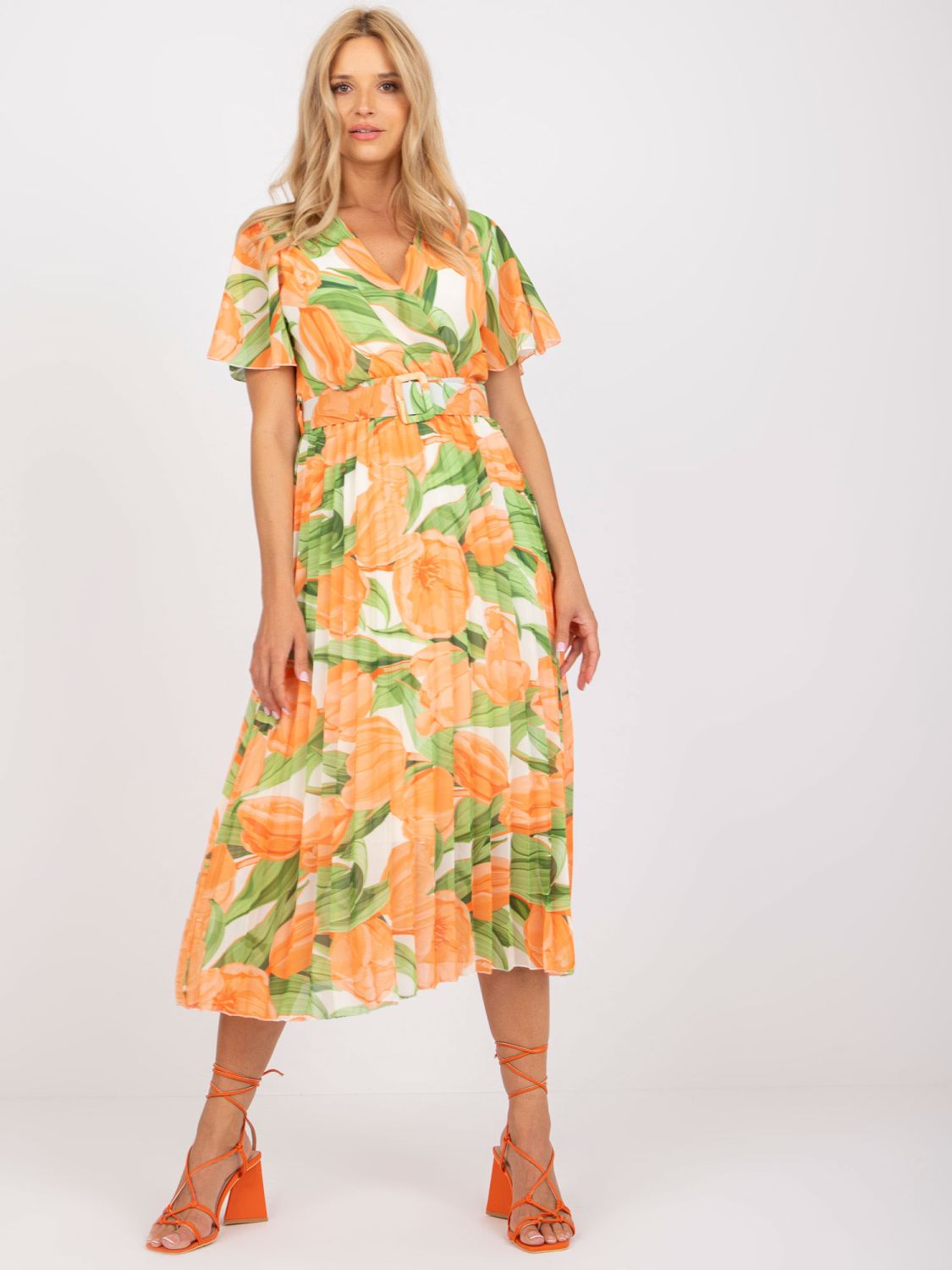 Abito midi floreale in arancione