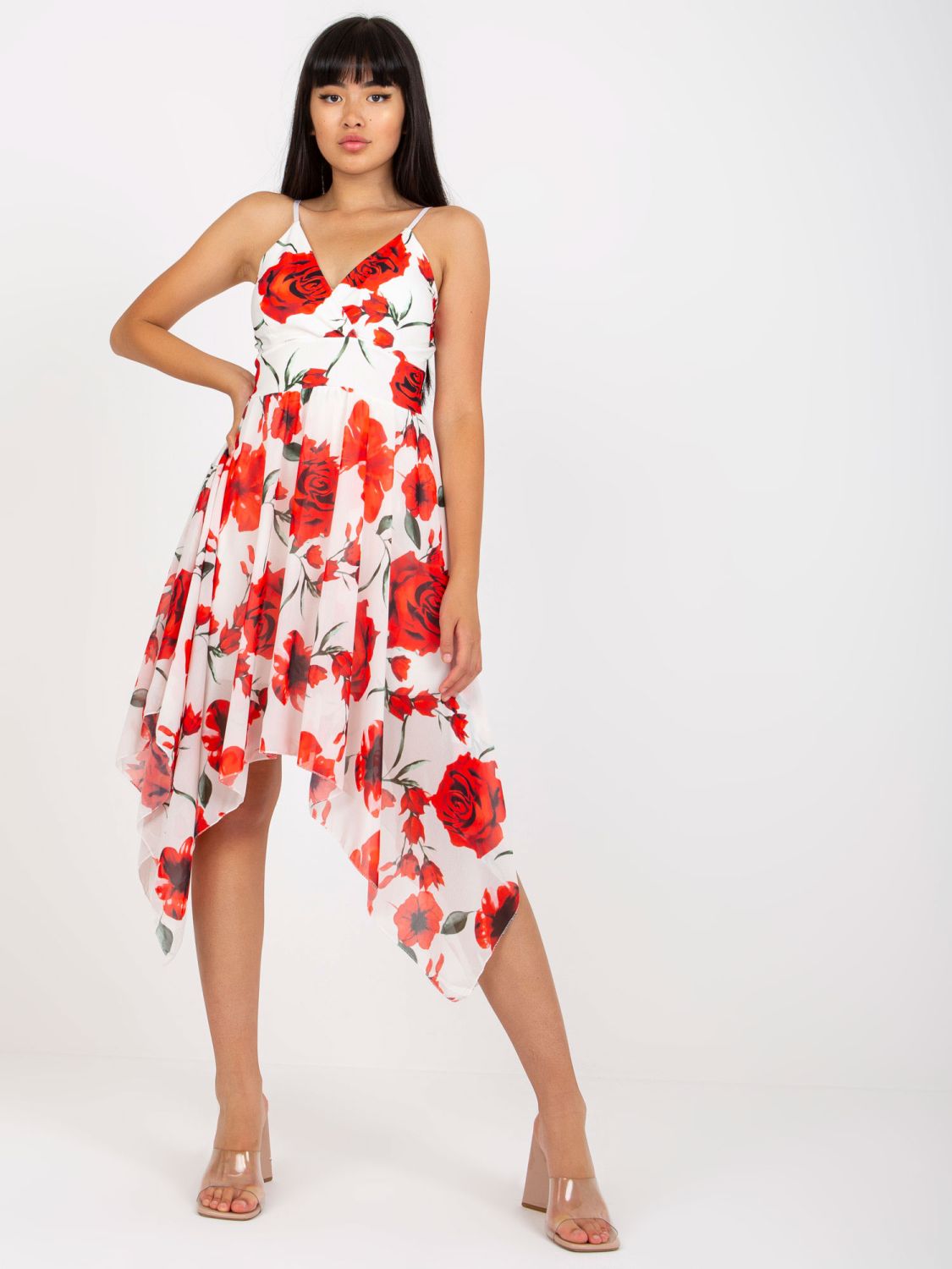 Abito bianco-rosso floreale con spalline