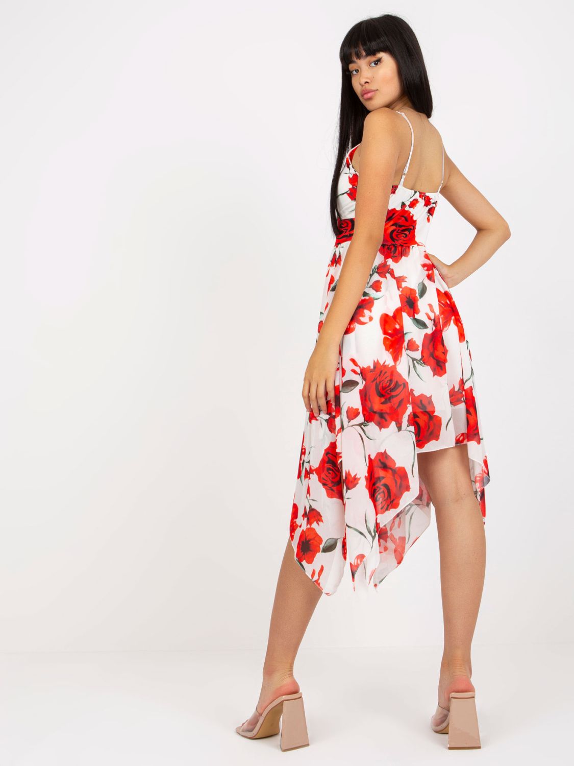 Abito bianco-rosso floreale con spalline