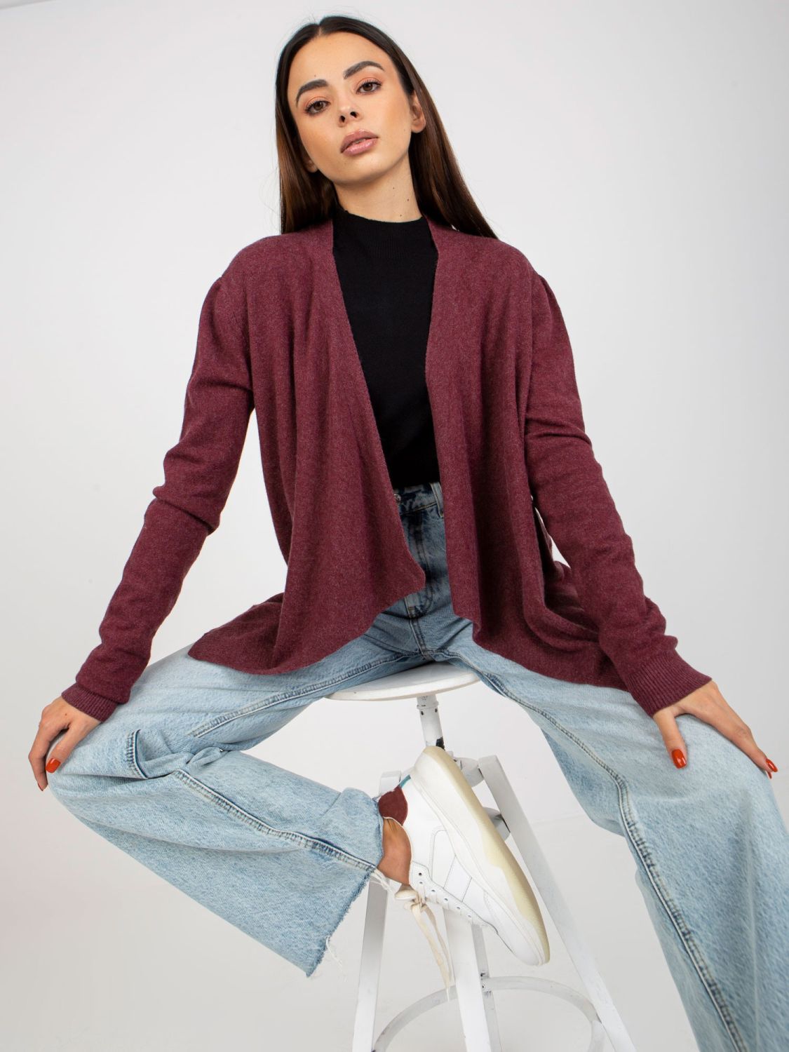 Cardigan corto asimmetrico bordeaux senza chiusura