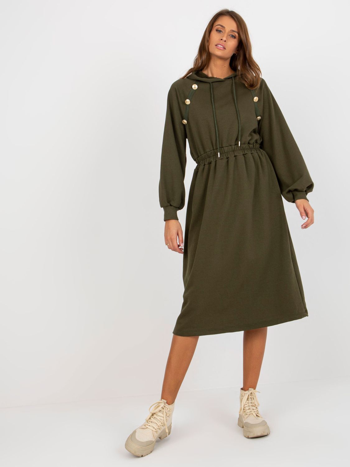 Khaki midi lepršava haljina od trenirke s gumbima