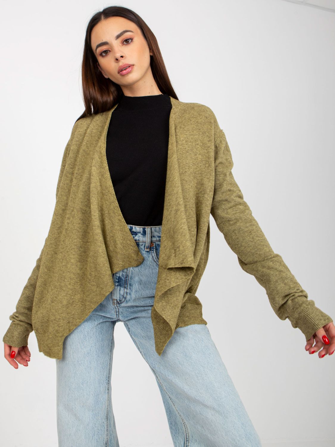 Cardigan corto asimmetrico khaki senza chiusura