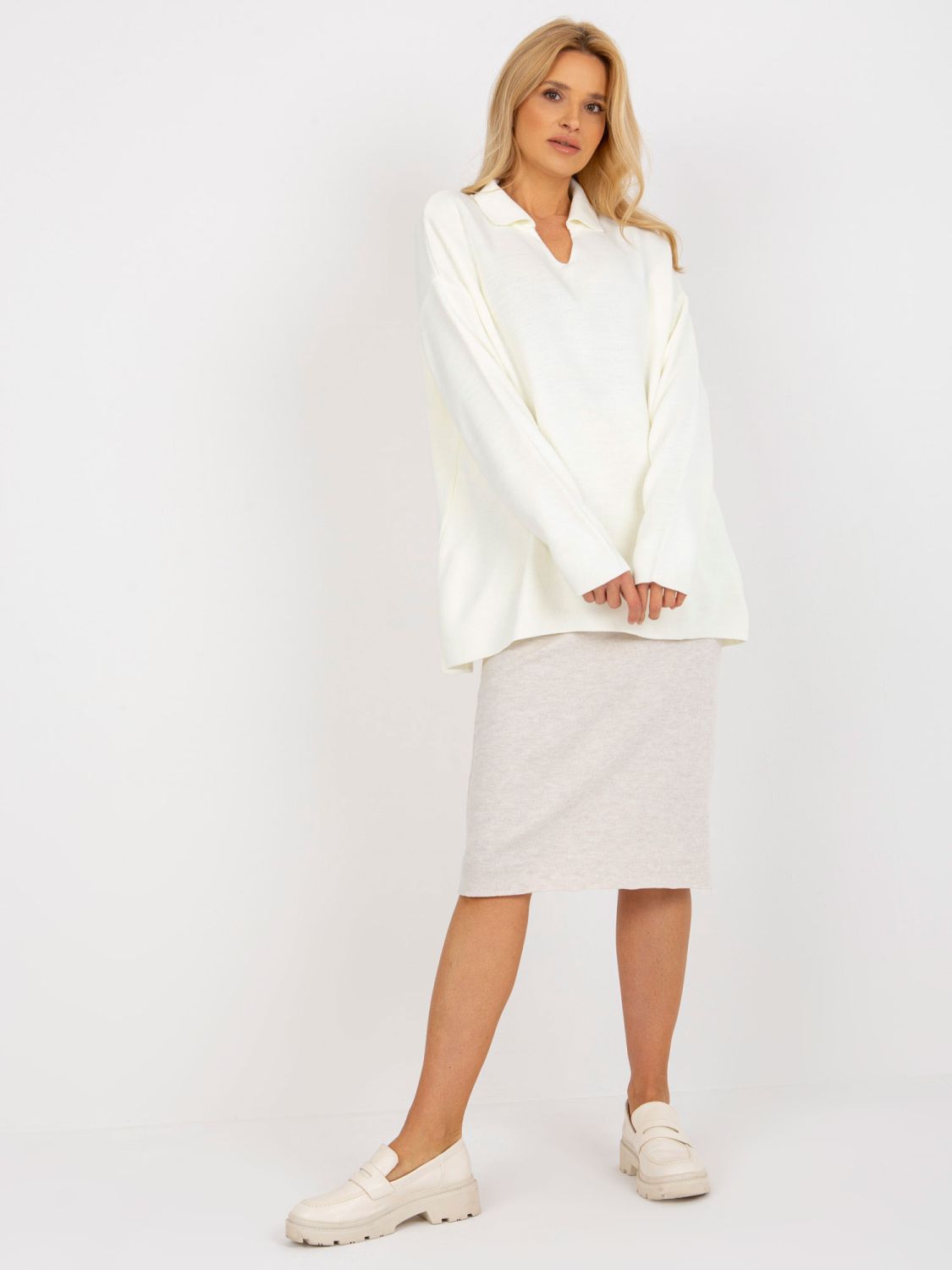 Ecru dugi oversize pulover s ovratnikom RUE PARIS