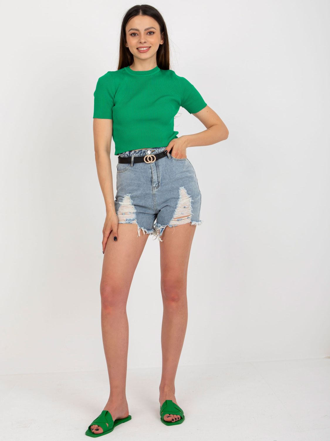 Shorts in denim blu per donna con cintura