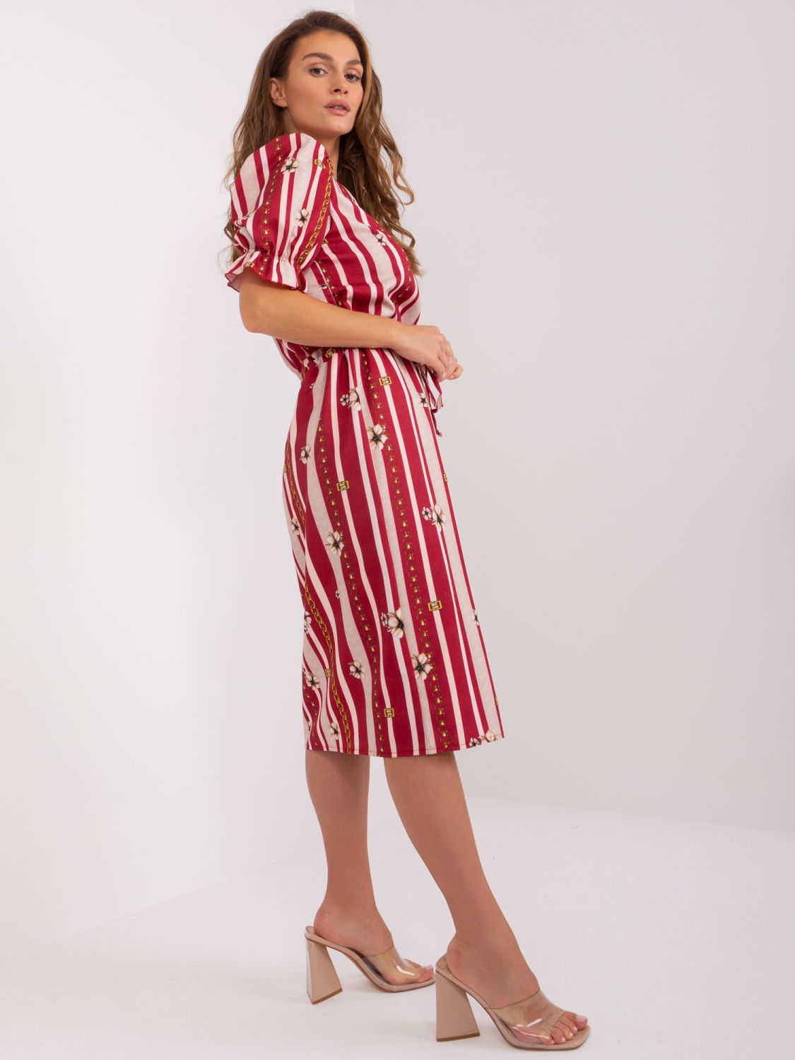 Abito Midi Bordeaux con Stampa e Coulisse