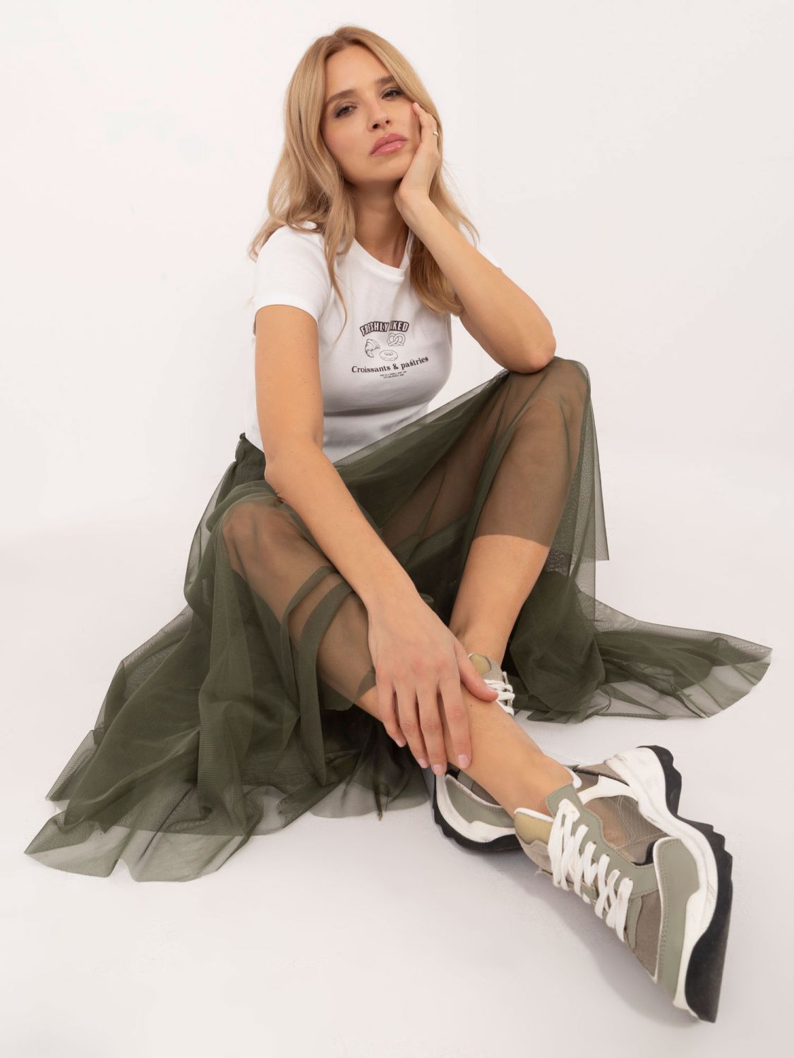 Gonna midi in tulle khaki