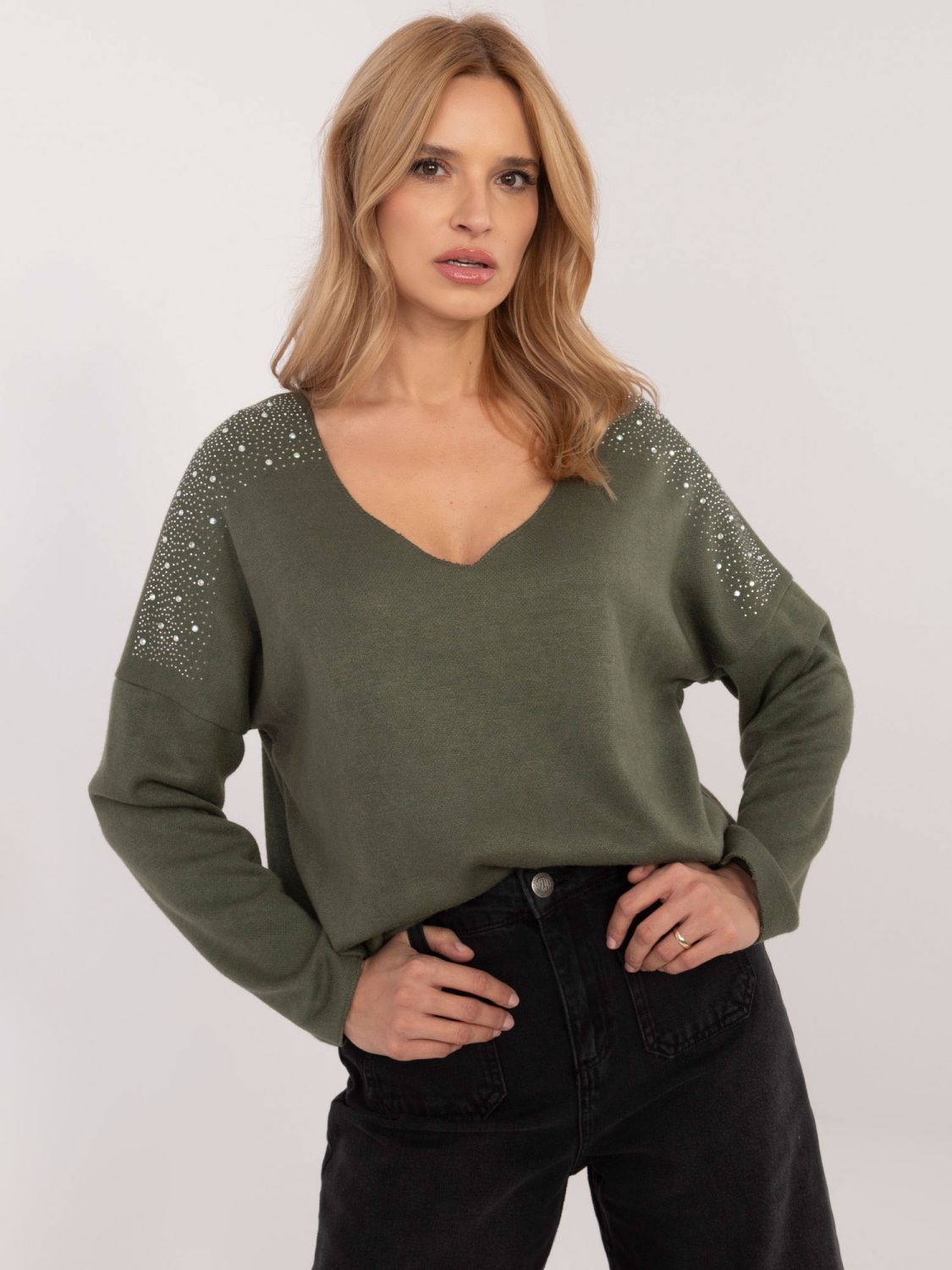Pullover elegante khaki con applicazione