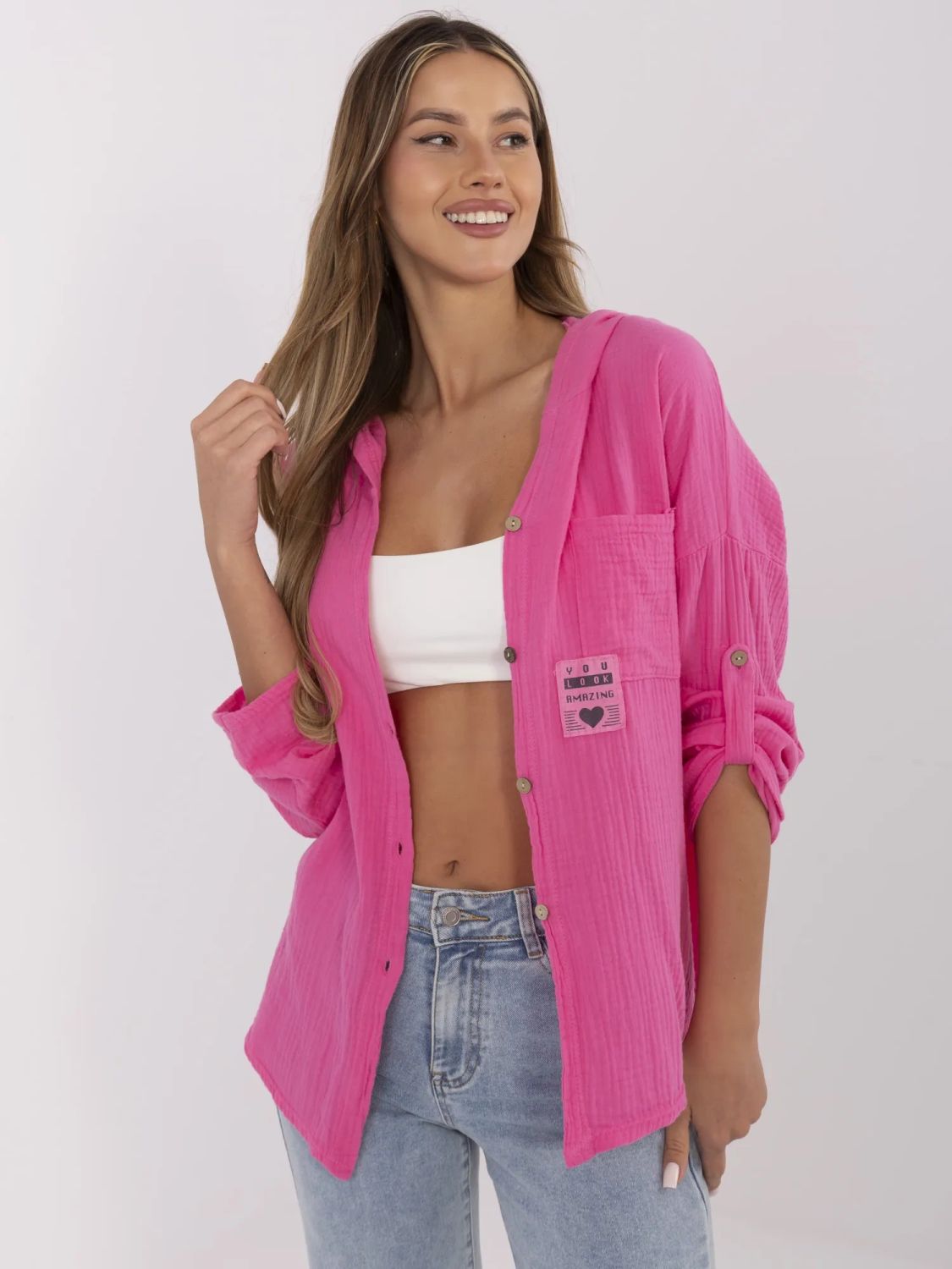 Camicia da donna con cappuccio in rosa scuro