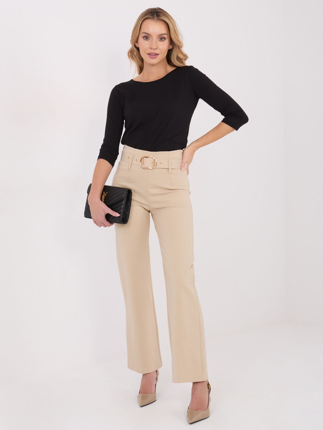 Pantaloni eleganti beige in tessuto con vita alta e cintura