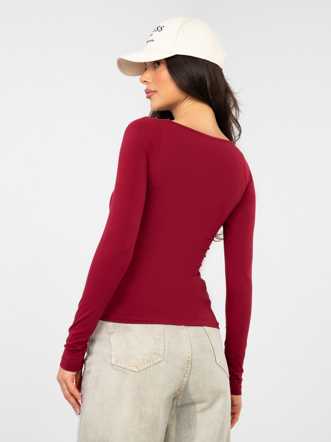 Blusa in cotone bordeaux con maniche lunghe e scollo quadrato