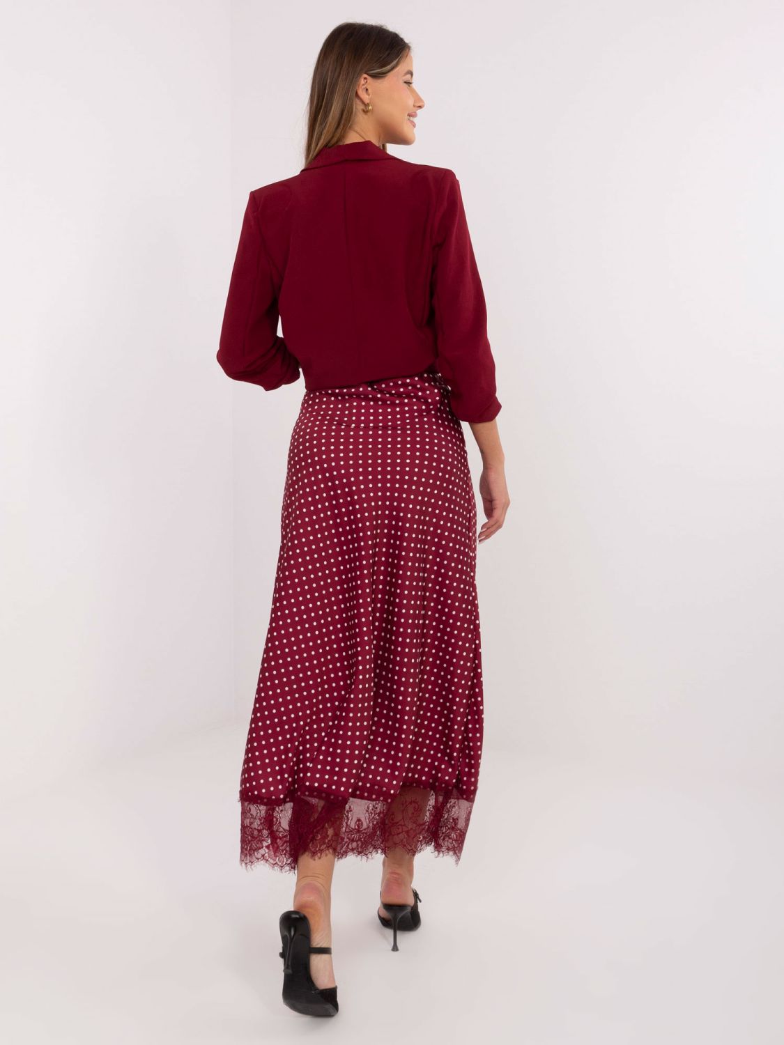 Gonna midi bordeaux a pois con pizzo