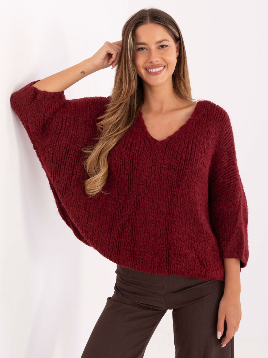 Maglione elegante bordeaux con maniche 3/4