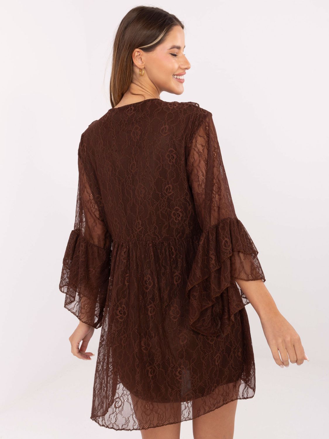 Mini abito svasato marrone con pizzo e laccetti