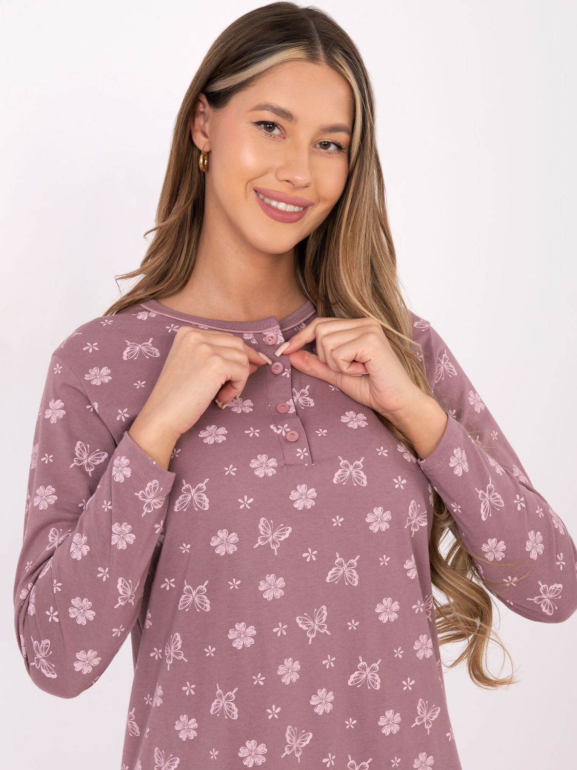 Ženska spavaćica s dugim rukavima, tamno ružičasta