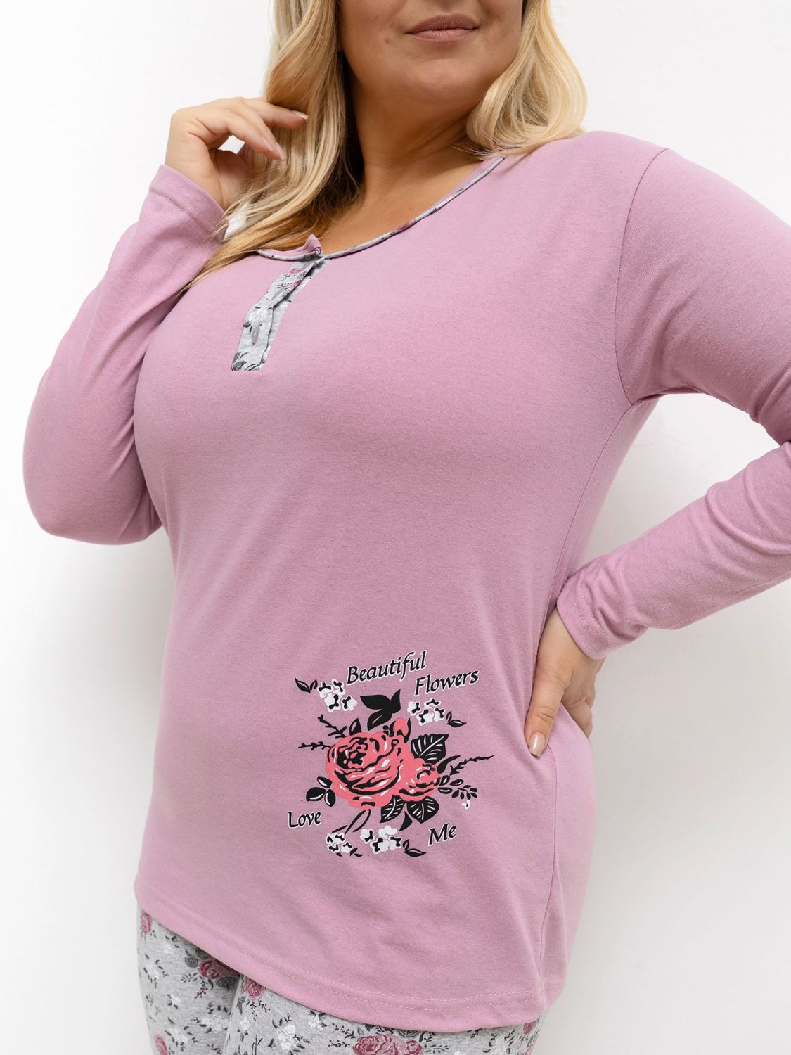 Ženska pidžama s cvjetnim uzorkom, dugi rukav, ružičasta