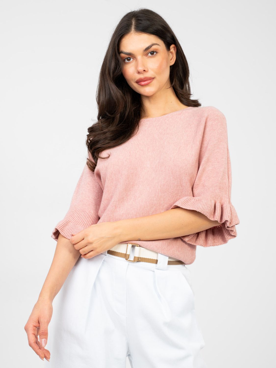 Maglione rosa elegante con maniche 3/4 e volant