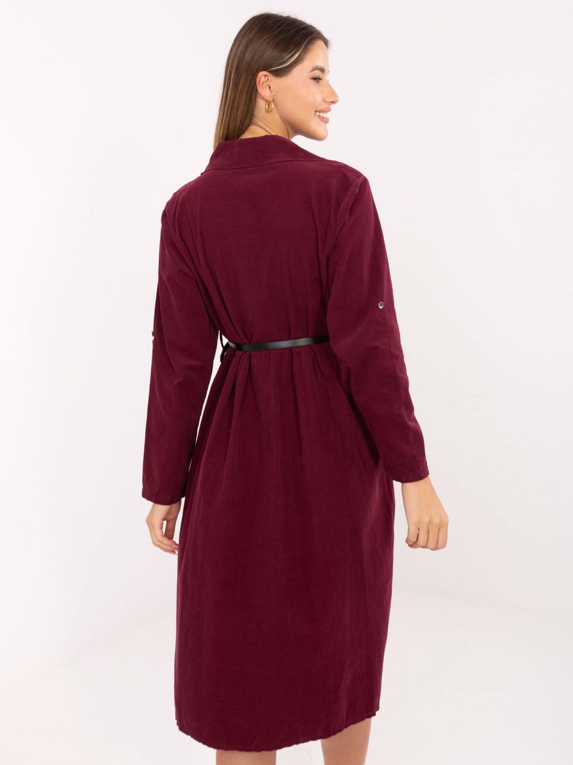 Abito camicia midi bordeaux con cintura
