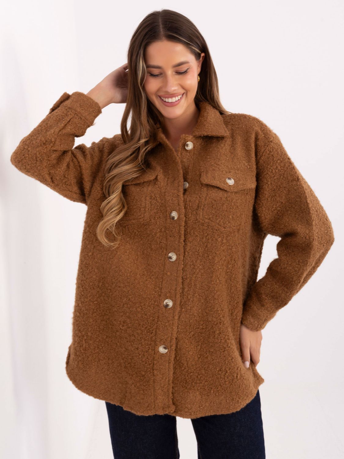 Giacca camicia casual color cammello con colletto e tasche