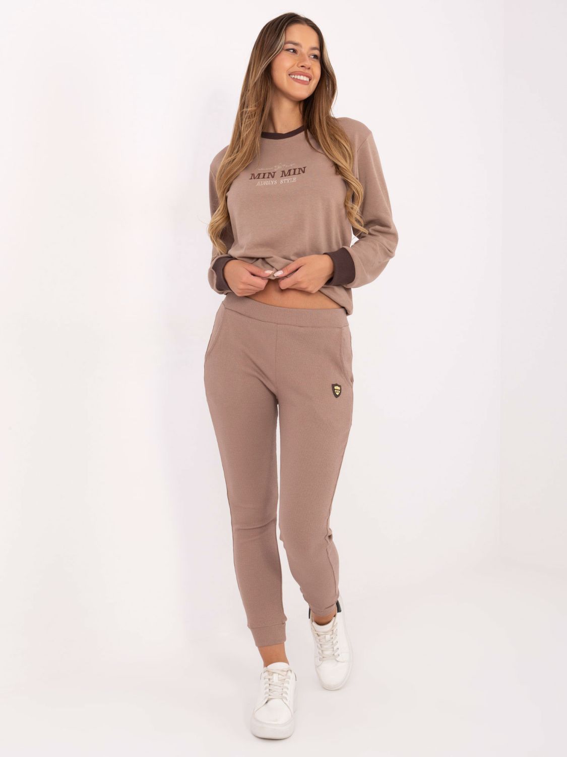 Pantaloni jogger donna beige in cotone a costine
