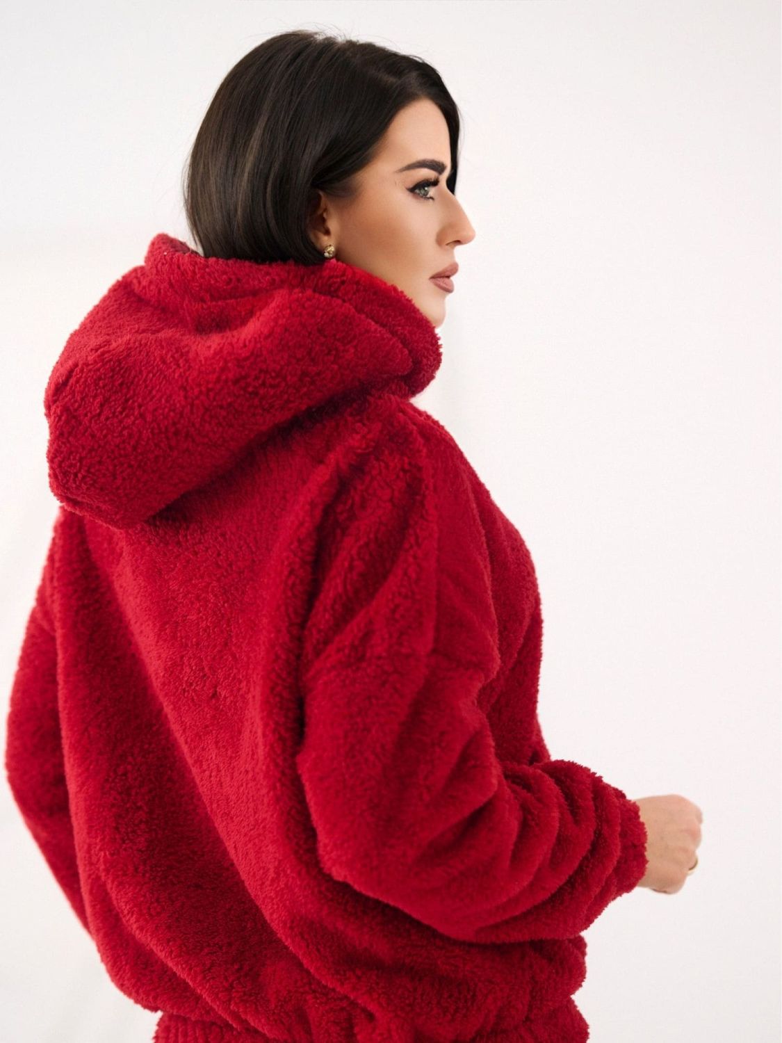 Felpa donna rosso scuro con cappuccio e tasca