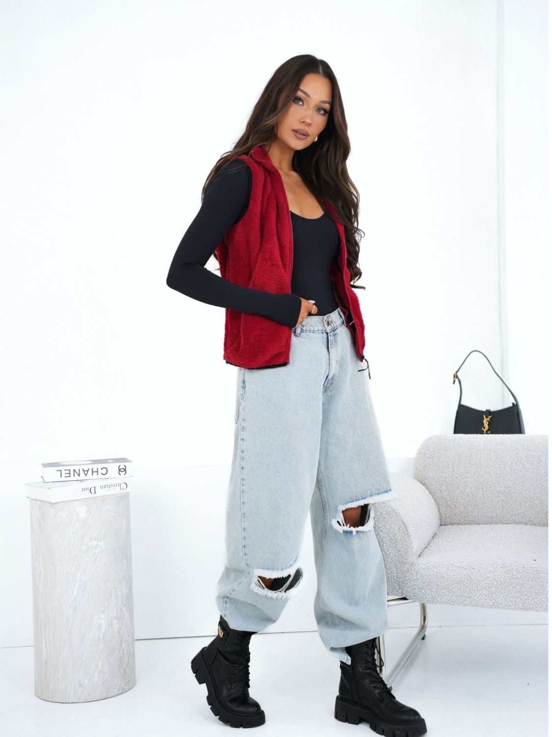 Gilet da donna in eco-pelliccia rosso scuro