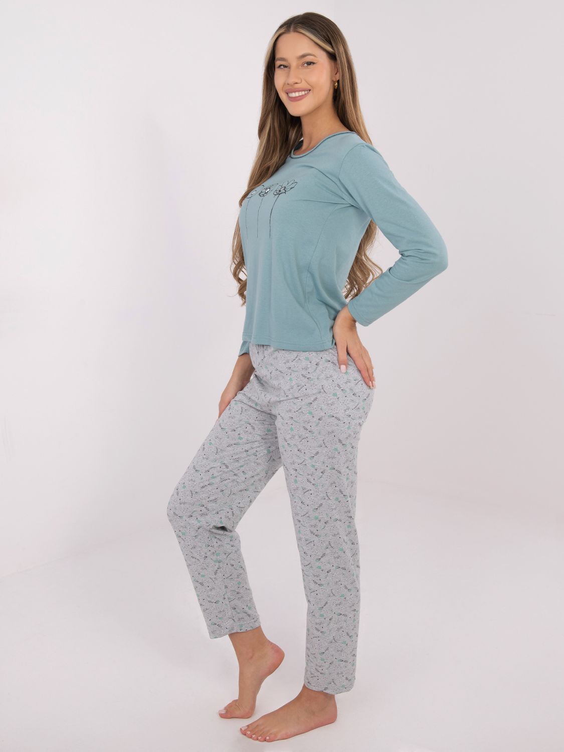 Ženska pamučna pidžama s printom, mentol zelena