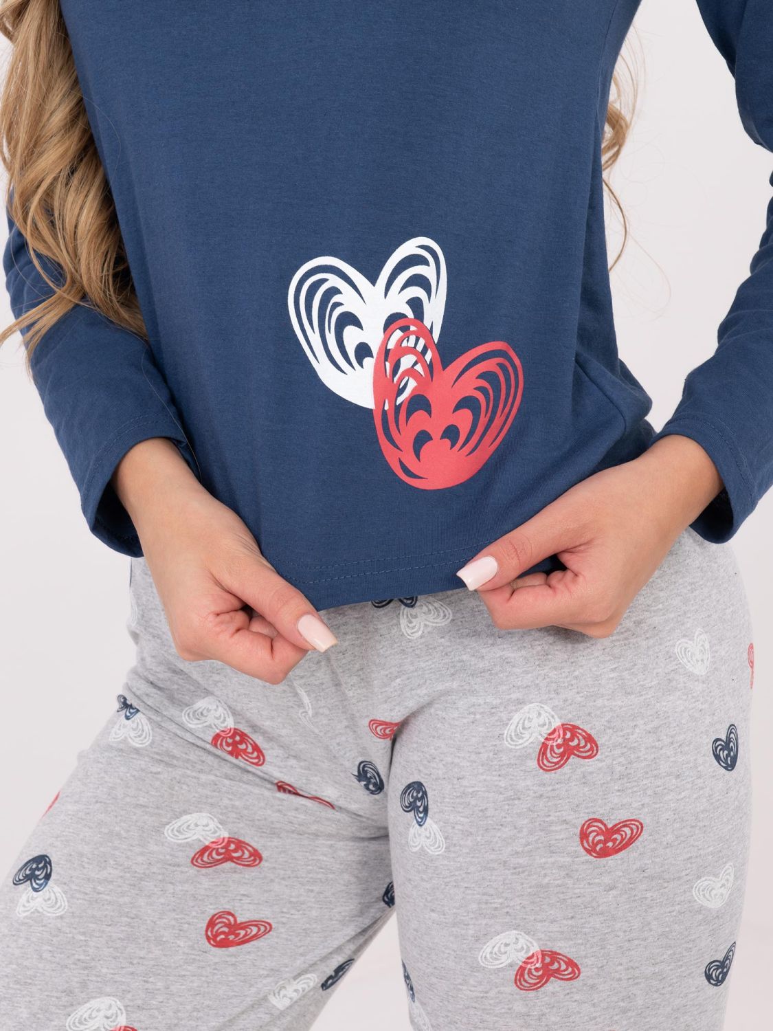 Ženska pamučna pidžama s printom, tamnoplava