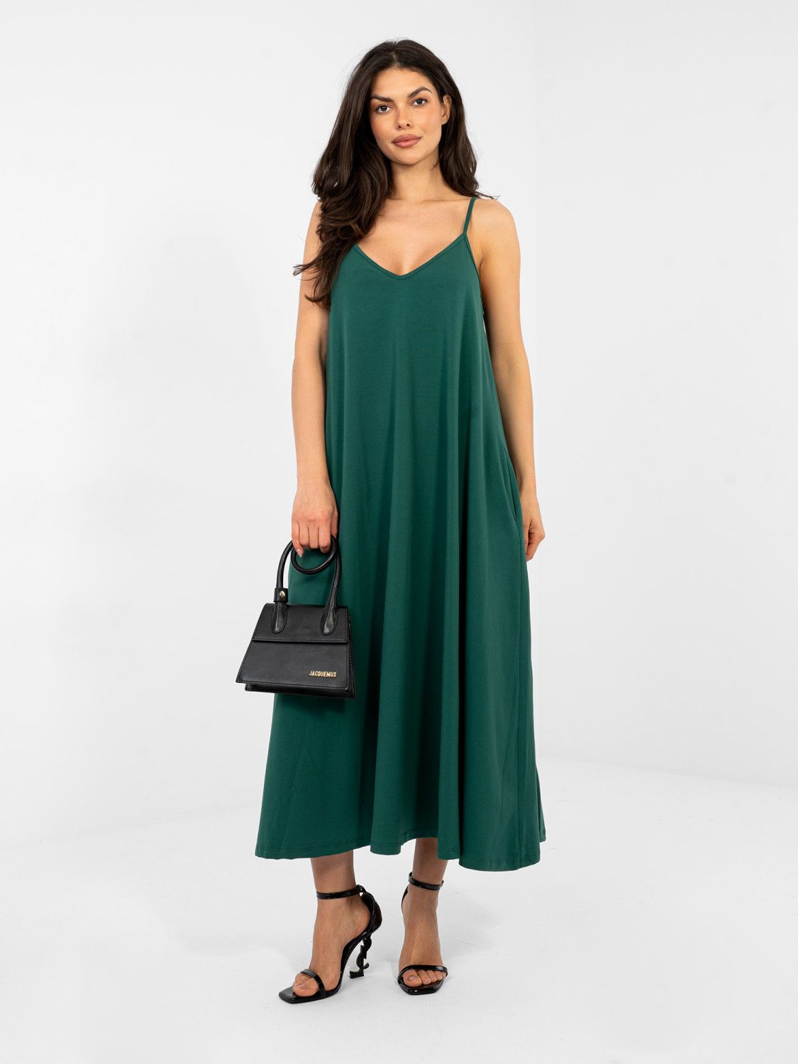 Abito maxi estivo verde scuro con spalline regolabili