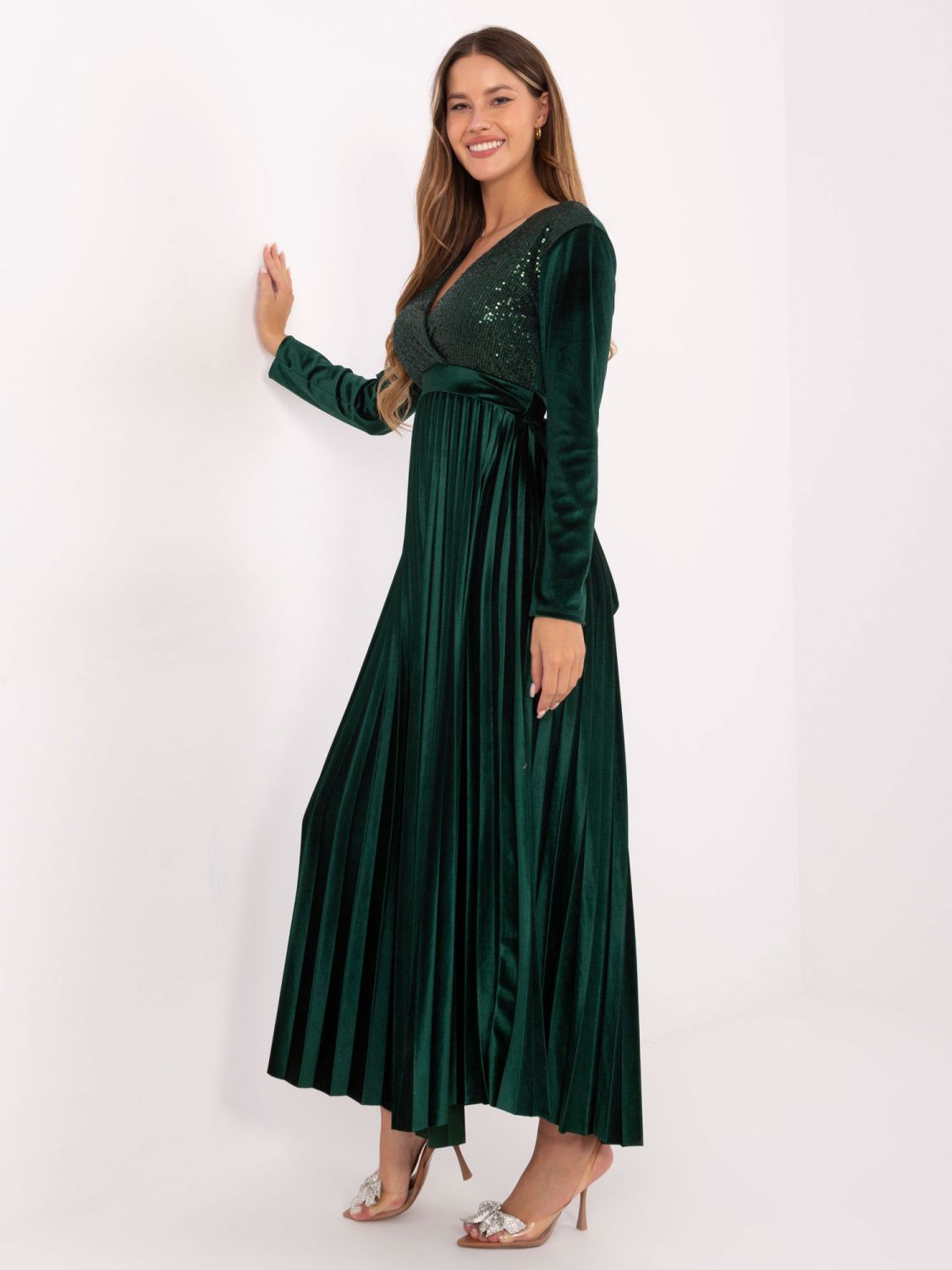 Elegantna maxi haljina s remenom i šljokicama, tamnozelena