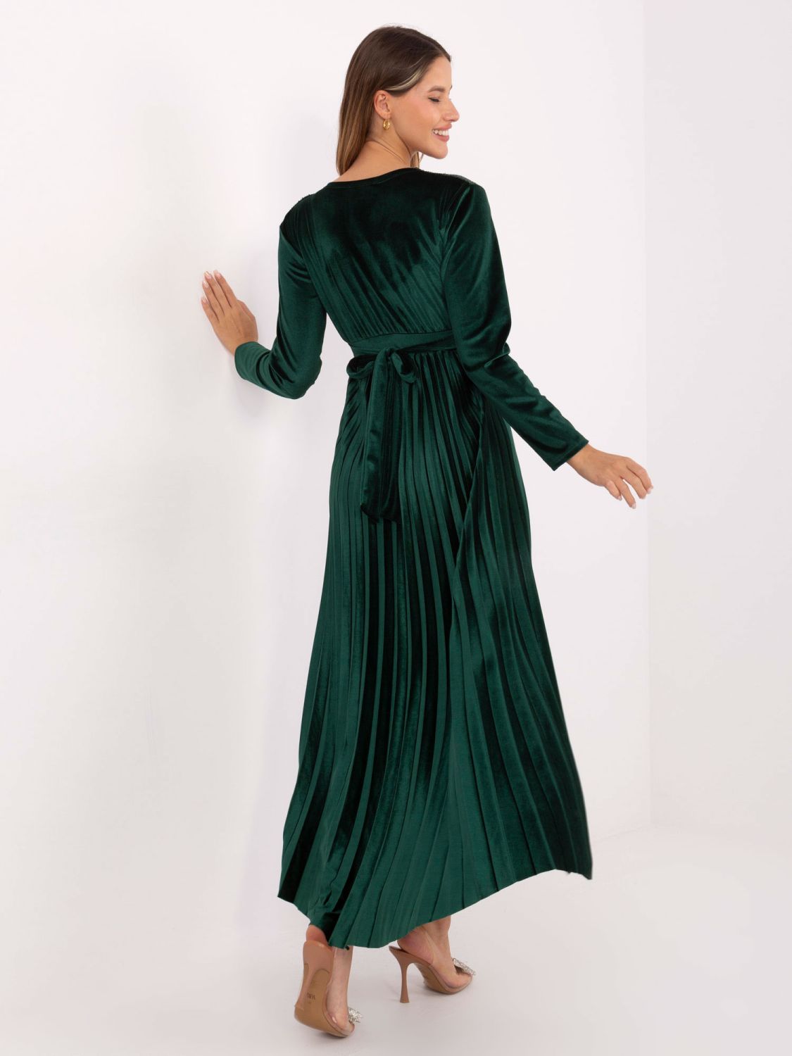Elegantna maxi haljina s remenom i šljokicama, tamnozelena