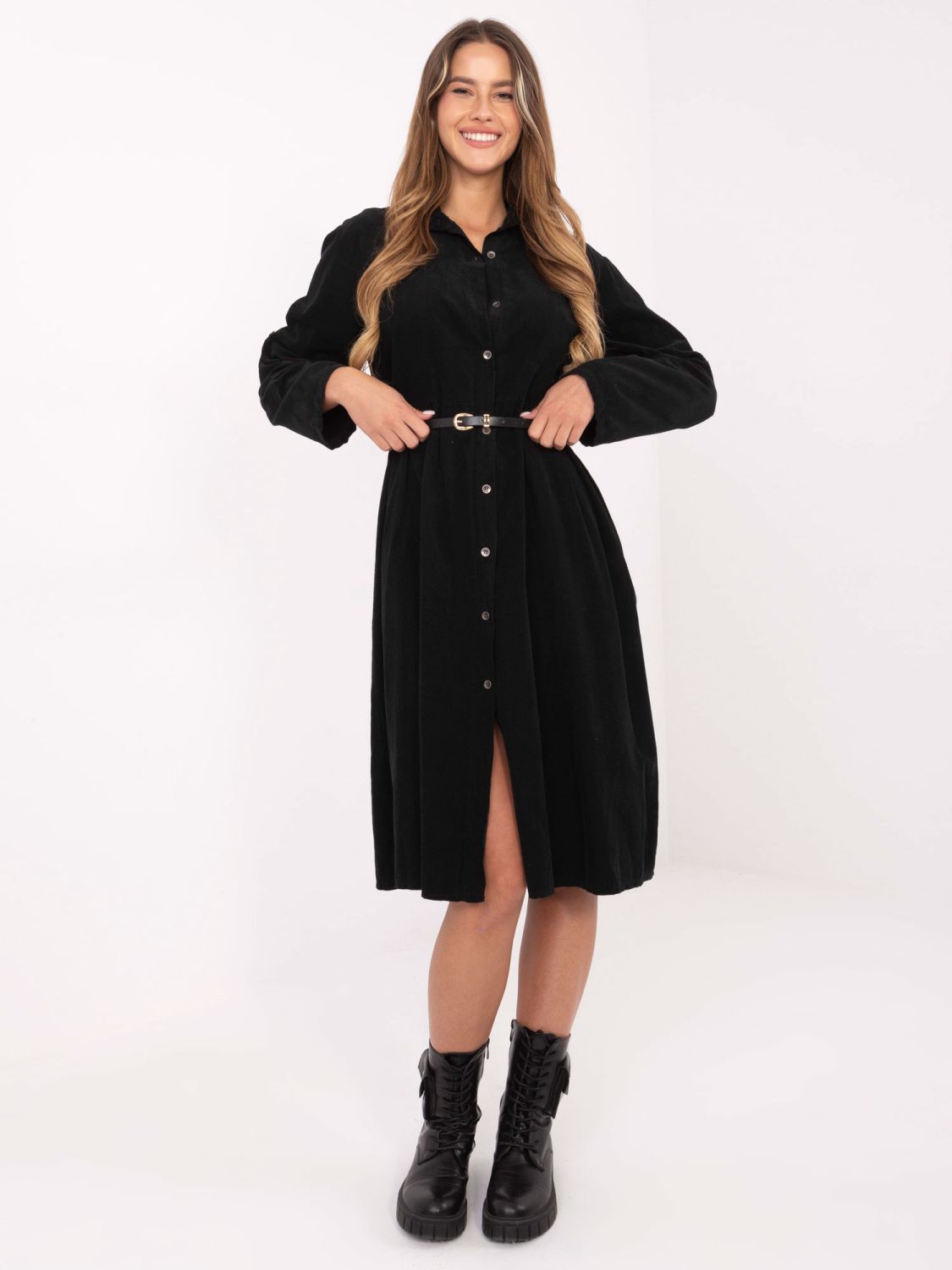 Abito camicia midi nero con cintura