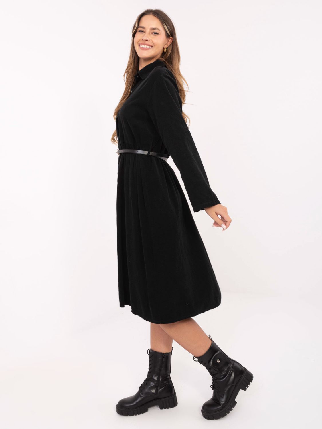 Abito camicia midi nero con cintura