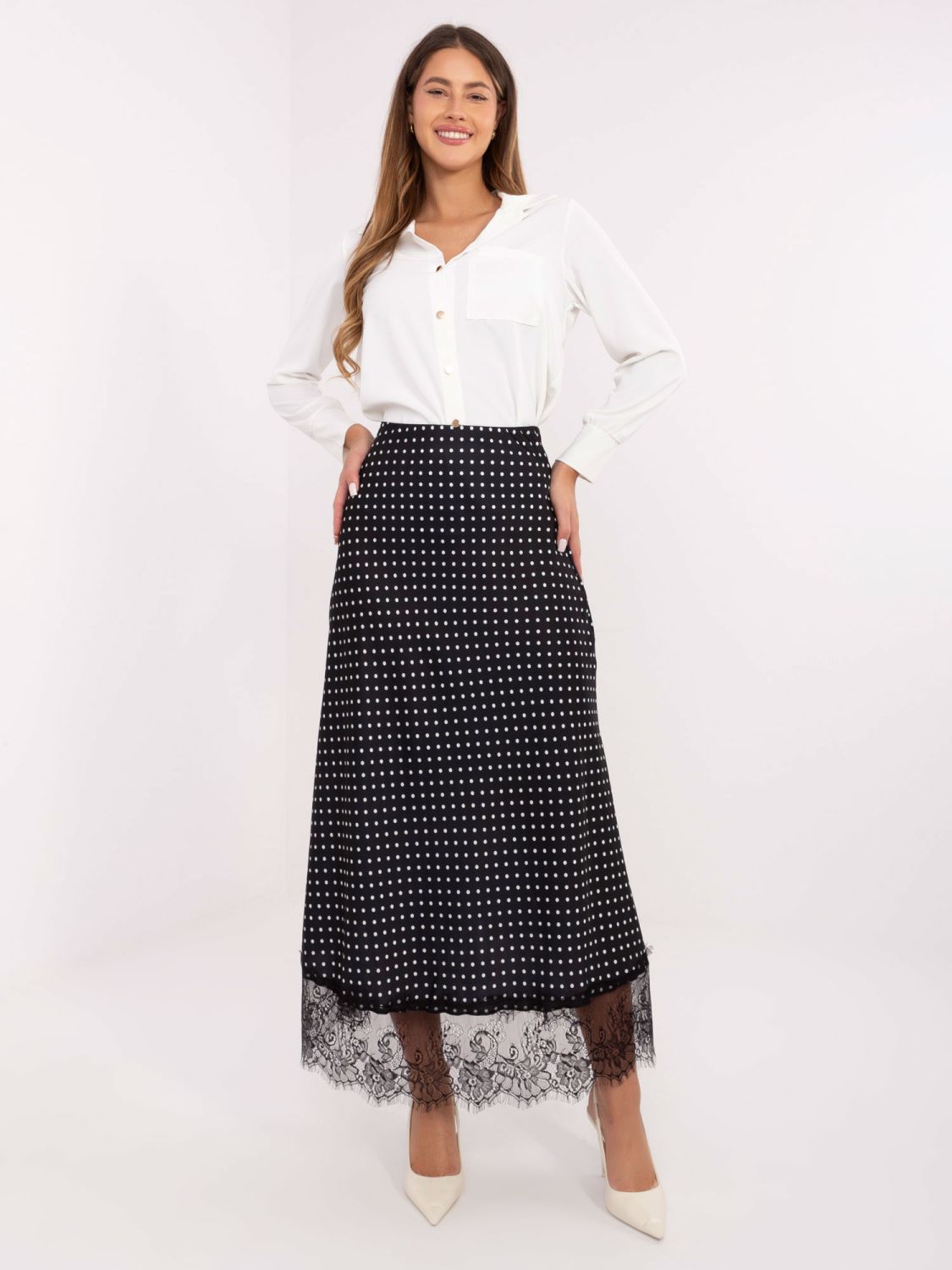 Gonna midi nera a pois con pizzo