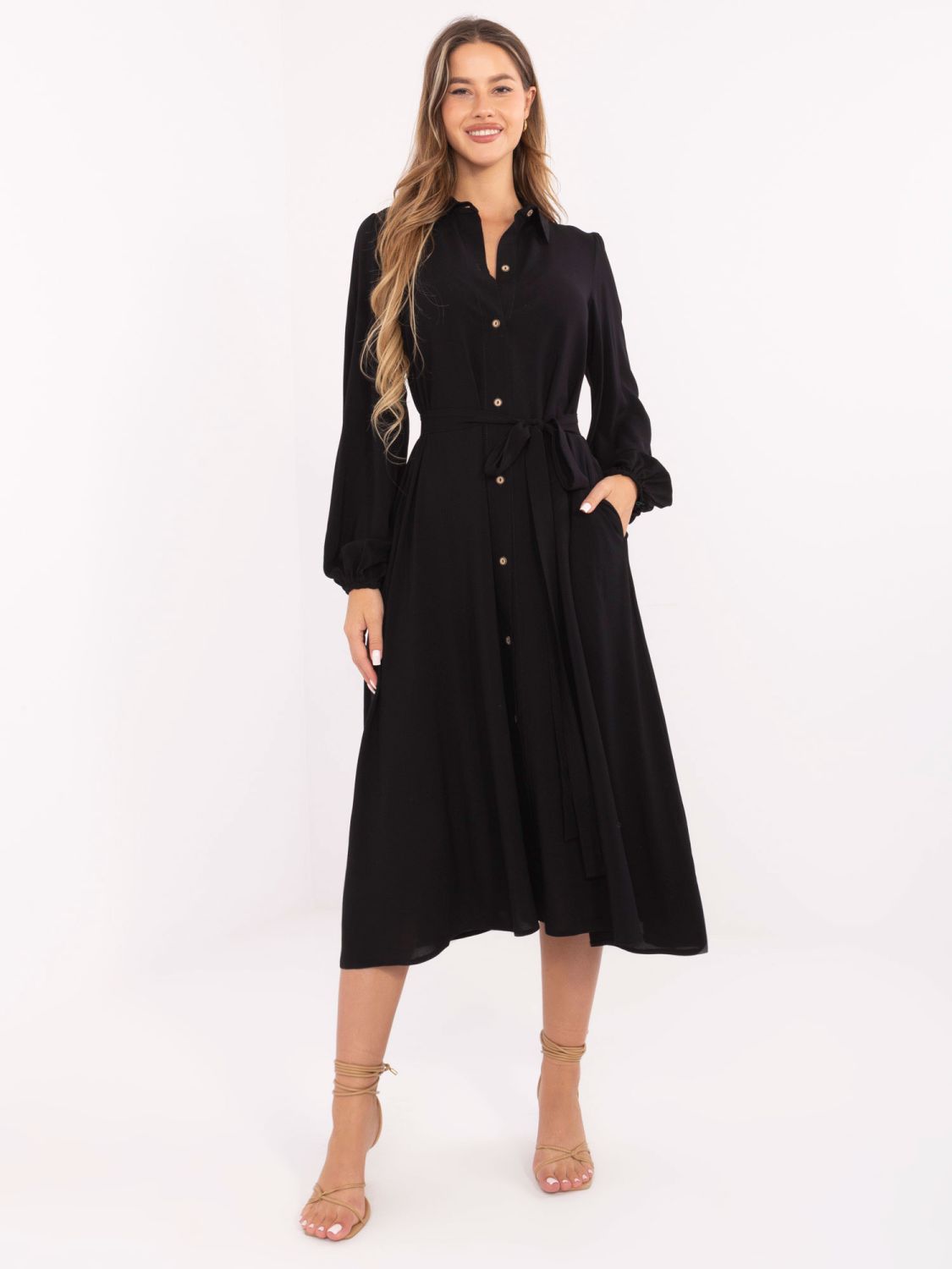 Elegantna crna midi haljina s dugim rukavima