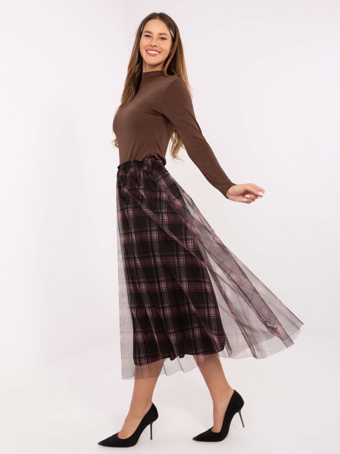Gonna elegante in tulle nero con motivo a quadri, midi
