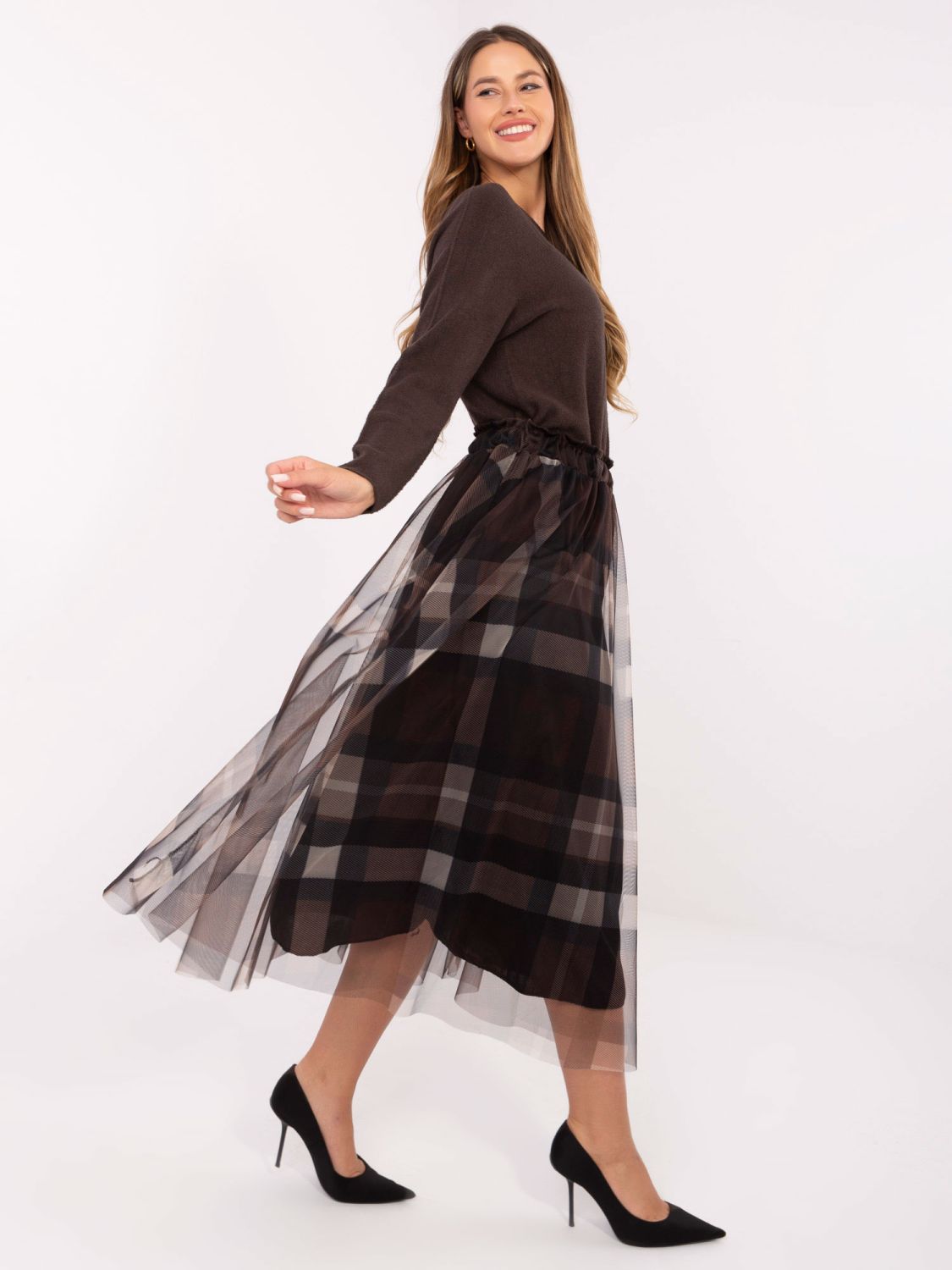 Gonna midi elegante nero-marrone a quadri