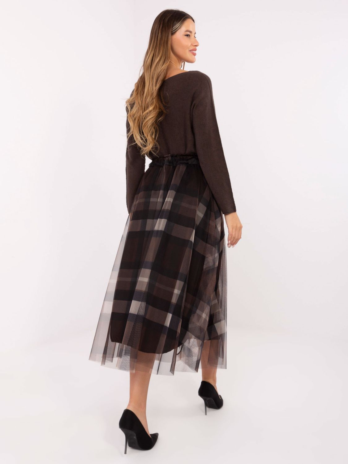 Gonna midi elegante nero-marrone a quadri
