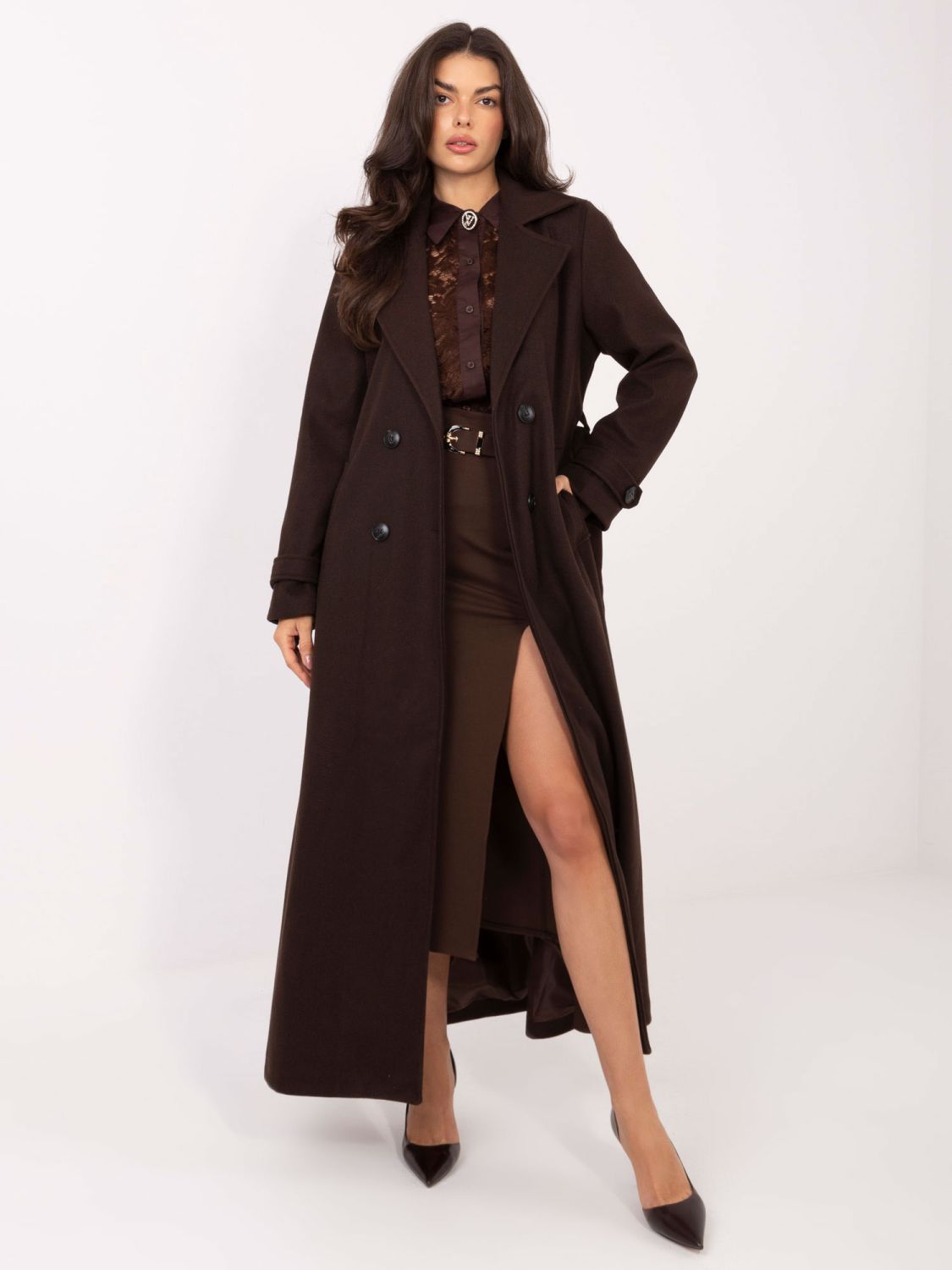 Elegante cappotto lungo da mezza stagione marrone