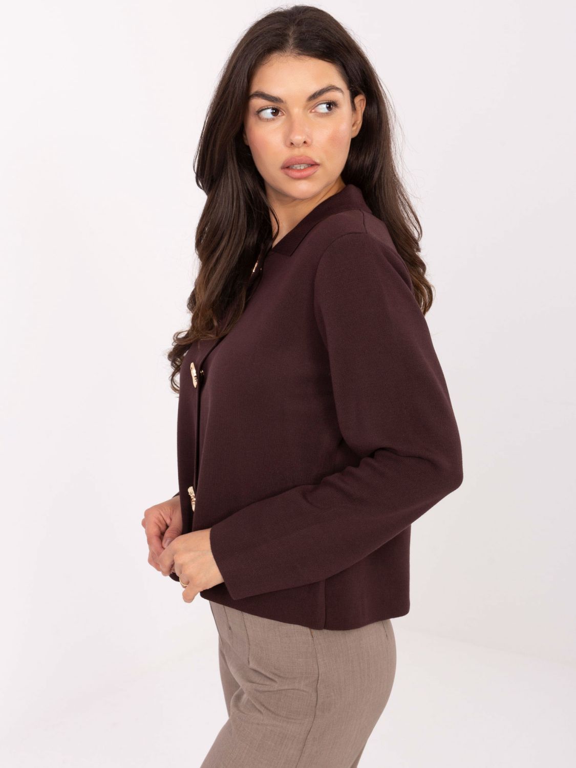 Elegante maglione marrone con colletto e chiusura a bottoni a pressione